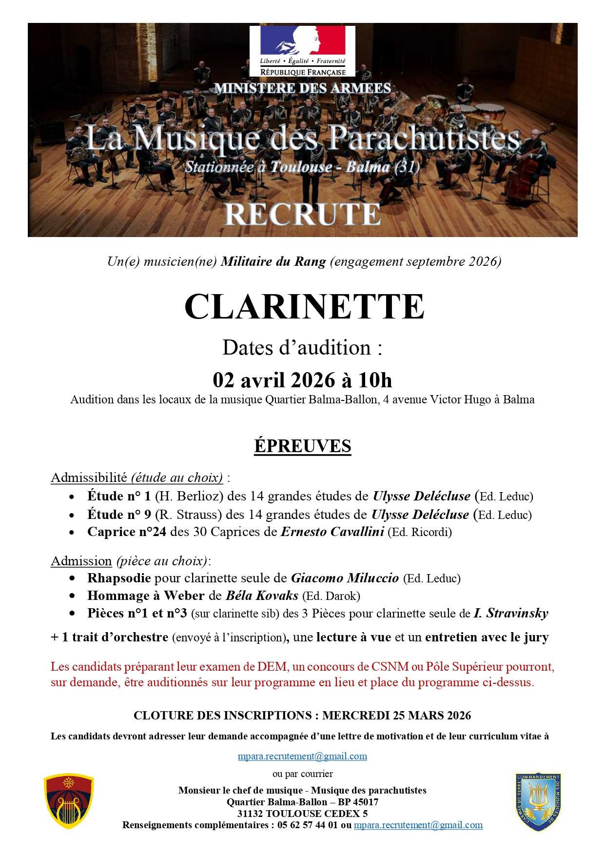 2026 recrutement EVAT Clarinette