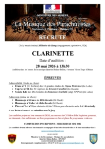 Recrutement EVAT Clarinette Musique des Parachutistes - mai 2026